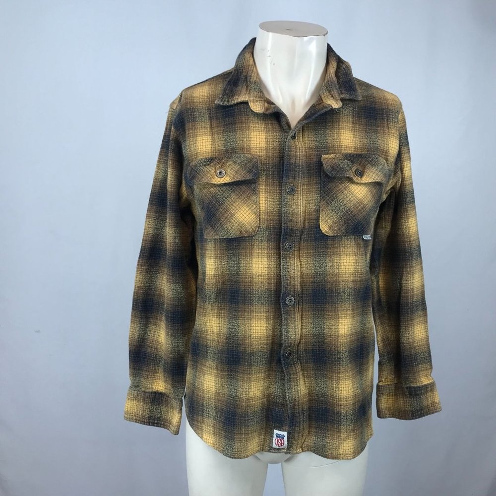 IRON AND RESIN - MENS MEDIUM - YELLOW GRAY LONG SLEEVE BUTTON ELBOW PATCH SHIRT